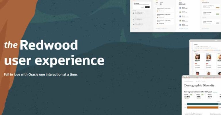 oracle redwood cloud user experience graphic with text "redwood user experience" and images of design system