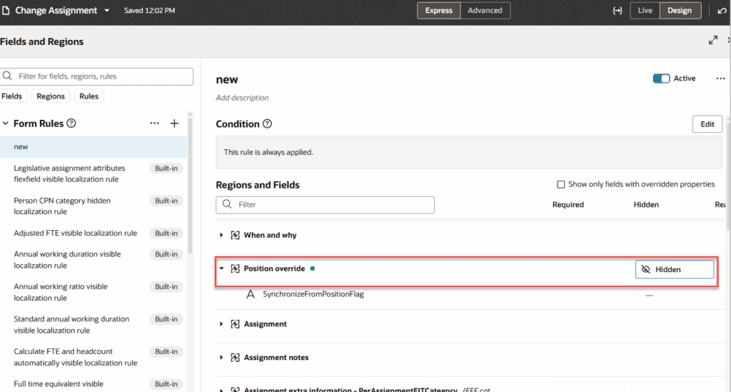 Position Override can now be hidden from Redwood employment processes