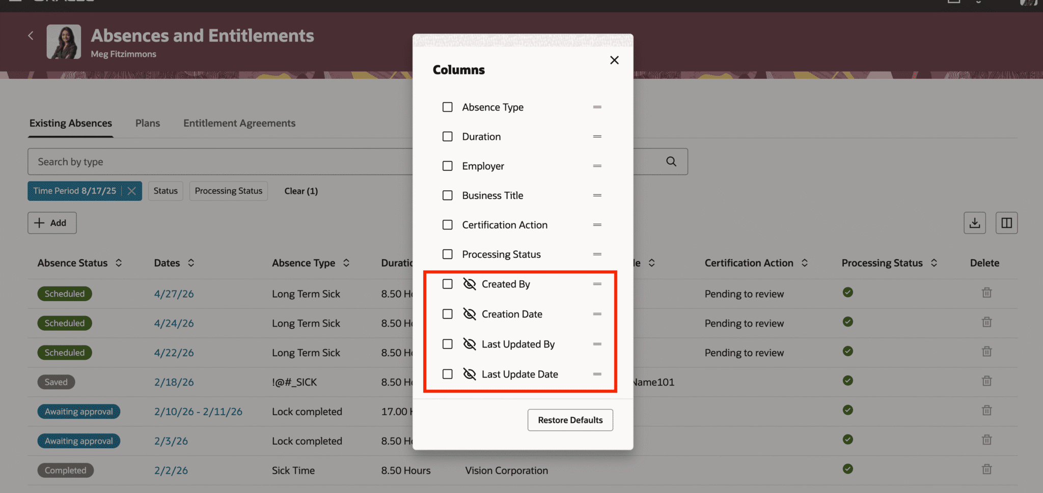 User Absence Management Oracle HCM Absence Management Cloud 26B
